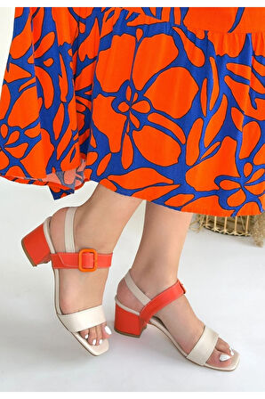 Year Bej Cilt Turuncu Detaylı Turuncu Topuklu Topuklu Ayakkabı