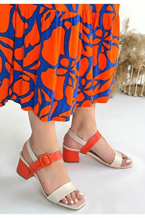 Year Bej Cilt Turuncu Detaylı Turuncu Topuklu Topuklu Ayakkabı