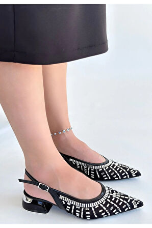 Piyar Siyah Taşlı Topuklu Ayakkabı
