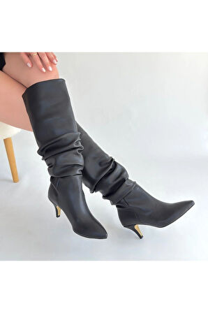 Zelya Siyah Cilt Topuklu Çizme