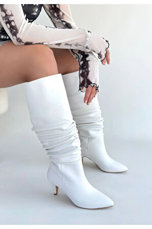 Zelya Beyaz Cilt Topuklu Çizme