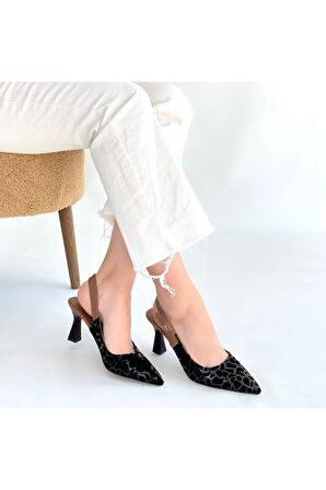 Toran Siyah Rugan Siyah Süet Detaylı Topuklu Ayakkabı