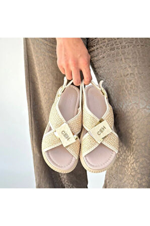 Cate Bej Hasır Cilt Sandalet - Lisinya