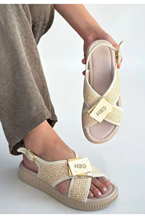 Cate Bej Hasır Cilt Sandalet - Lisinya