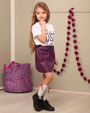 Kemerli Deri Etek Pamuk Penye Bluz Kombin