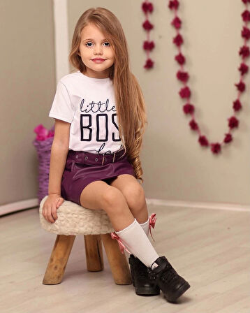 Kemerli Deri Etek Pamuk Penye Bluz Kombin