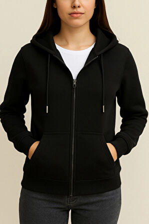 3 İp Şardonlu Kanguru Cepli Unısex Siyah Hırka