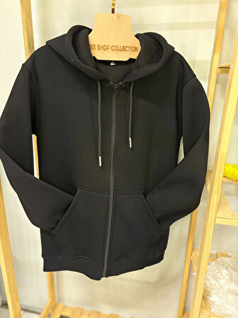 3 İp Şardonlu Kanguru Cepli Unısex Siyah Hırka