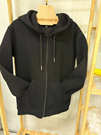 3 İp Şardonlu Kanguru Cepli Unısex Siyah Hırka