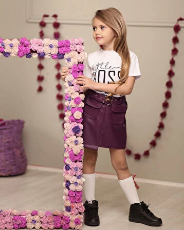 Kemerli Deri Etek Pamuk Penye Bluz Kombin