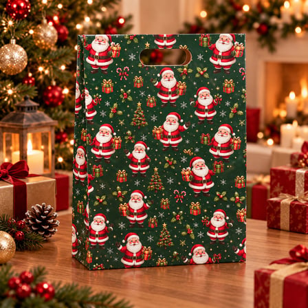 Yılbaşı Hediye Poşeti Yeşil - Noel Baba Desenli Lüks Karton Hediye Çantası (1 Adet)