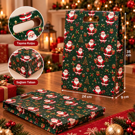 Yılbaşı Hediye Poşeti Yeşil - Noel Baba Desenli Lüks Karton Hediye Çantası (1 Adet)
