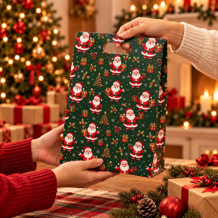 Yılbaşı Hediye Poşeti Yeşil - Noel Baba Desenli Lüks Karton Hediye Çantası (1 Adet)