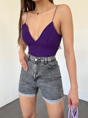 Duble Paça Yıkamalı Denim Şort - ANTRASİT - 40