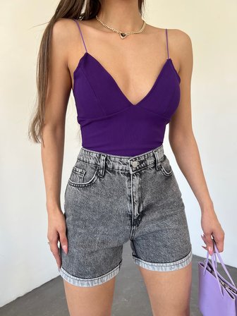 Duble Paça Yıkamalı Denim Şort - ANTRASİT - 40