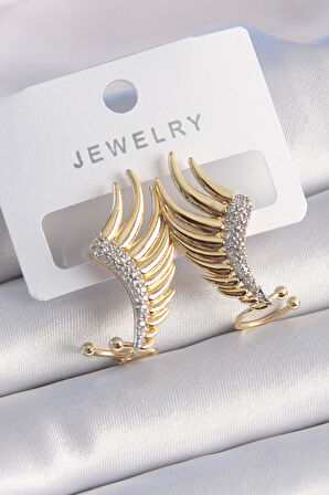 Pirinç Gold Renk Zirkon Taşlı Kanat Model Kadın Küpe - Lisinya