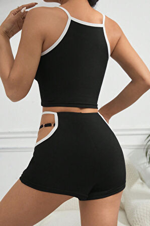 Kadın Siyah Beyaz Şortlu Cut-out Detaylı Gecelik Takımı - Siyah - L-XL