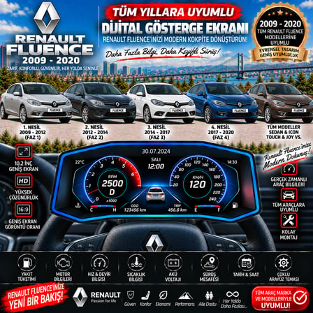 Renault Fluence 2009-2020 uyumlu digital gösterge Odb ekran arıza göstergesi turbo gösterge hayalet ekran
