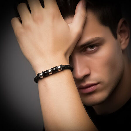   Orijinal Deri ve 316L Çelik Siyah Erkek Bileklik 31834B21D1 