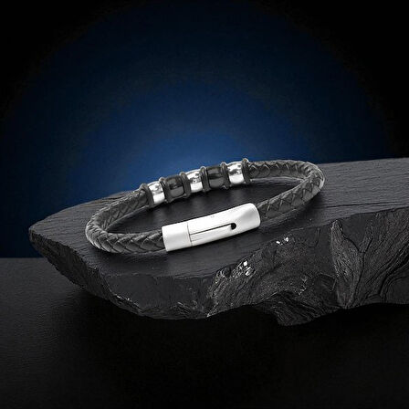   Orijinal Deri ve 316L Çelik Siyah Erkek Bileklik 31834B21D1 