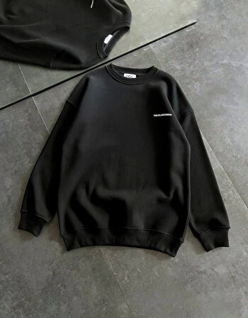 Kışlık Bisiklet Yaka Oversize Baskılı SweatShirt - Siyah