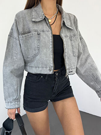 Fermuarlı Çift Cepli Denim Ceket
