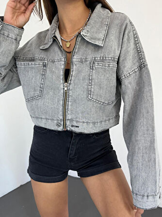Fermuarlı Çift Cepli Denim Ceket