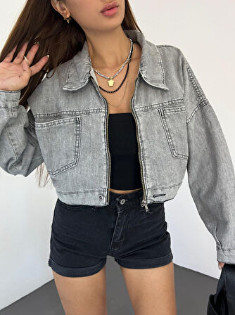 Fermuarlı Çift Cepli Denim Ceket