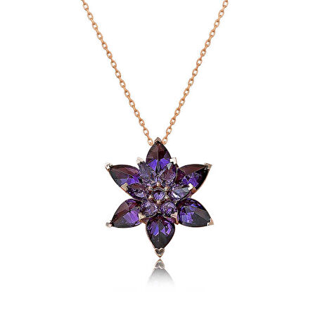 Gümüş Rose Mor Lotus Çiçeği Kolye