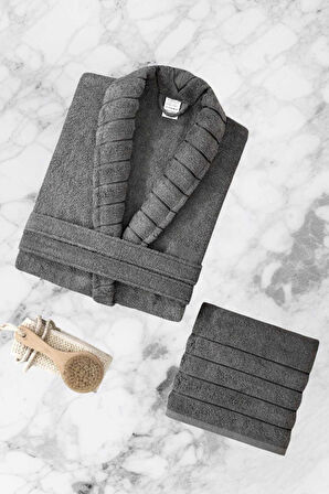 AquaLoom Lüx Erkek Bornoz ve Havlu Seti &#37;100 Pamuklu Antrasit - L-XL