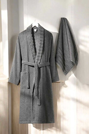 AquaLoom Lüx Erkek Bornoz ve Havlu Seti &#37;100 Pamuklu Antrasit - L-XL