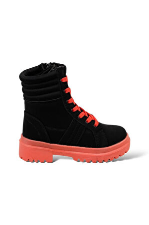 Kız Çocuk Fermuarlı Kürklü Bot SİYAH - TURUNCU