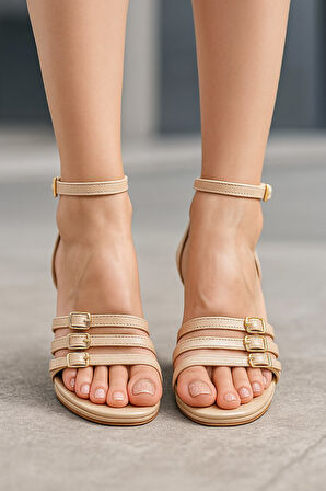 Günlük Kadın Yüksek Taban Bilekten Bağlamalı Üç Toka Platformlu Şık Oval Burunlu Abiye Ayakkabı 9088