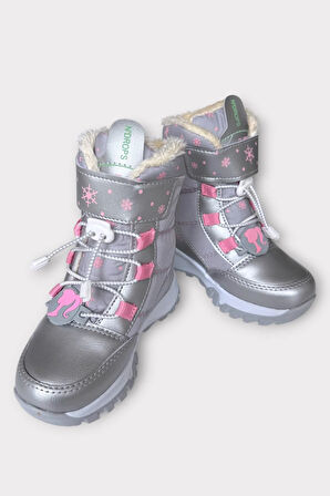 Kız Çocuk Su İtici Cırtlı Akıllıı Bağcıklı Kürklü Kar Botu GRİ