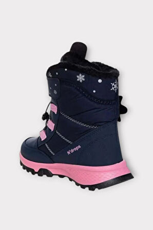 Kız Çocuk Su İtici Cırtlı Akıllıı Bağcıklı Kürklü Kar Botu LACİVERT-PUDRA