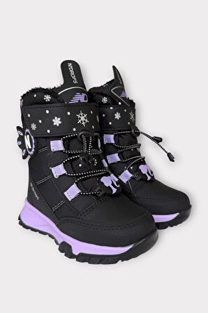 Kız Çocuk Su İtici Cırtlı Akıllıı Bağcıklı Kürklü Kar Botu SİYAH - LİLA