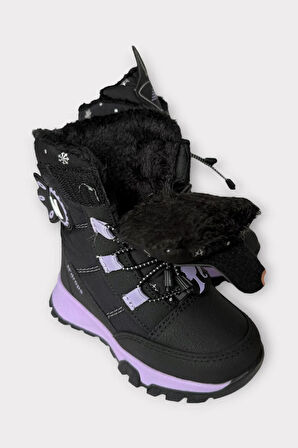 Kız Çocuk Su İtici Cırtlı Akıllıı Bağcıklı Kürklü Kar Botu SİYAH - LİLA