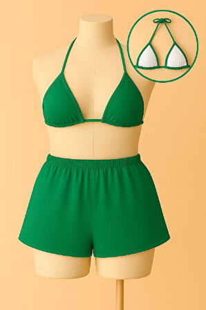 Kadın Yeşil Şortlu Belden Ve Boyundan Bağlamalı Bikini Takımı - Yeşil - L-XL