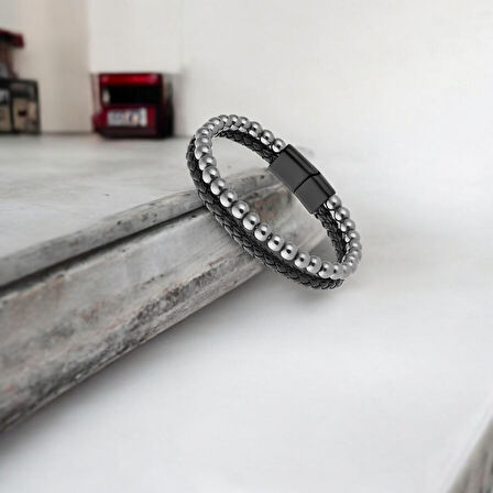  FM Hematit Doğaltaş Deri Erkek Bileklik 31832B7D9 