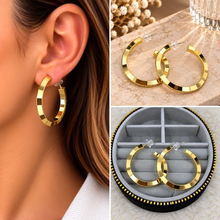 💎 Premium Parlak ve Şık Gold Renk Orta Boy Köşeli Halka Kadın Çelik Küpe