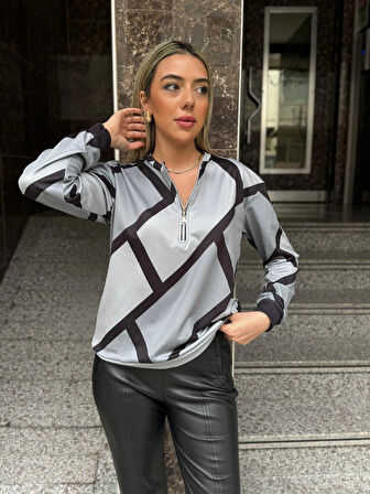 Kadın Uzun Kollu Yuvarlak Yaka Fermuarlı Desenli şardonlu Bluz