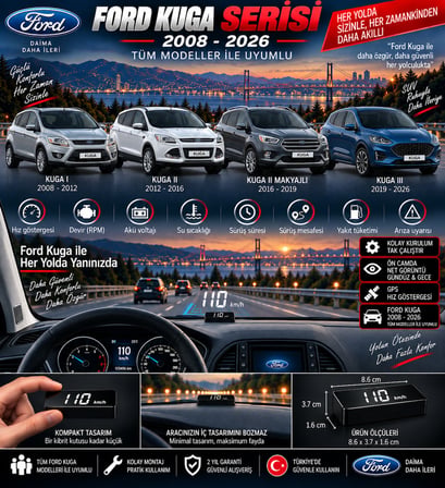 Ford Kuga 2008-2026 modeller için head up display hayalet gösterge ekranı ön cam hız göstergesi
