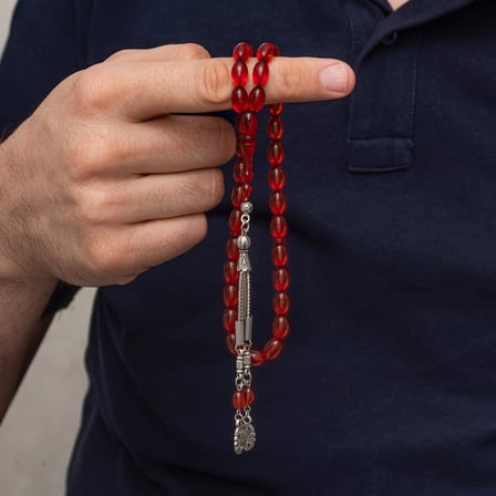 💎 Premium Parlak Eskitmeli  Metal Püsküllü Arpa Kesim Sıkma Kehribar Tesbih
