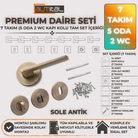 Solegrace Antik 5 ADET ODA 2 ADET WC Yuvarlak Rozetli Kapı Kolu SET