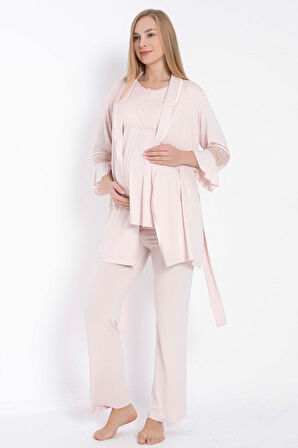 Kısa Kol Bisiklet Yaka Kadın Viskon Dantel Detaylı Hamile Pijama Takımı Sabahlık - Pembe - XL