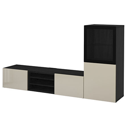 Tv ünitesi, venge-parlak cila-bej-şeffaf cam, 240x42x129 cm, SELSVIKEN/GLASSVIK, çıt çıt raylı