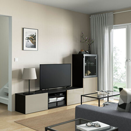 Tv ünitesi, venge-parlak cila-bej-şeffaf cam, 240x42x129 cm, SELSVIKEN/GLASSVIK, çıt çıt raylı