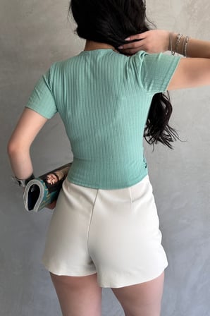 Kruvaze Yaka Crop Bluz - MİNT - S