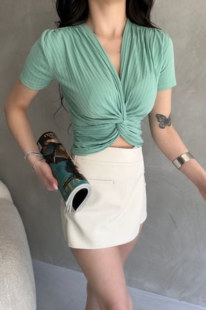 Kruvaze Yaka Crop Bluz - MİNT - S