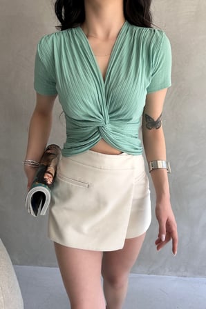 Kruvaze Yaka Crop Bluz - MİNT - S